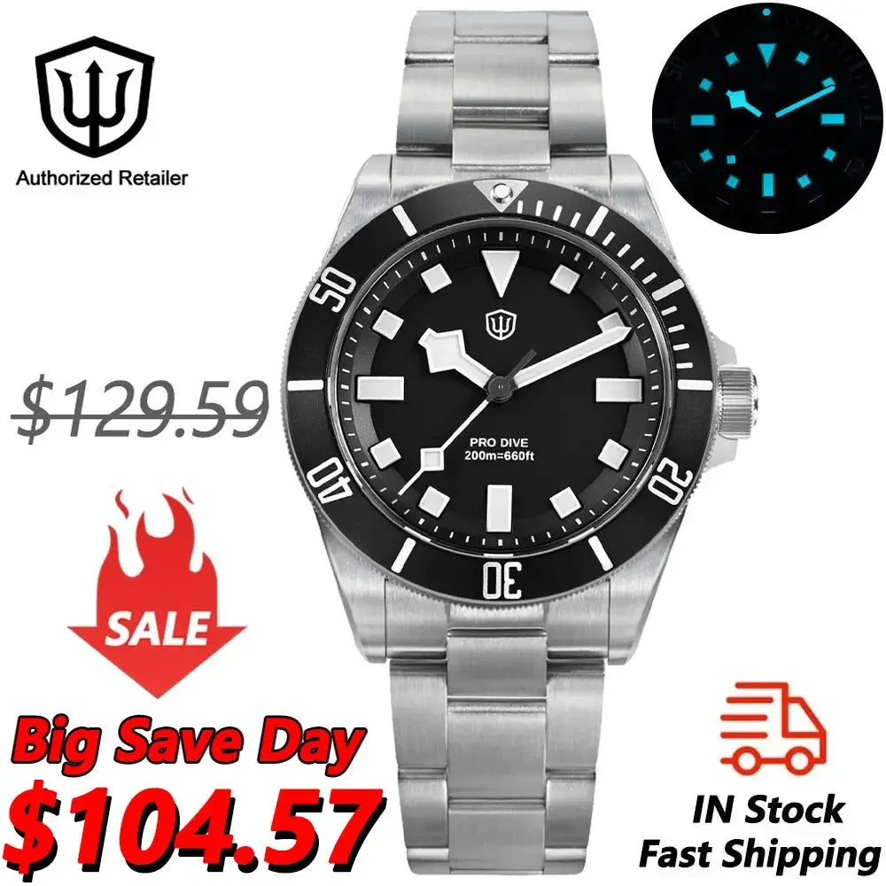 Watchdives WD1969 Pro Dive 38mm stainless steel diver watch with black dial, blue luminous markers and sapphire glass