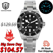 Watchdives WD1969 Pro Dive 38mm stainless steel diver watch with black dial, blue luminous markers and sapphire glass