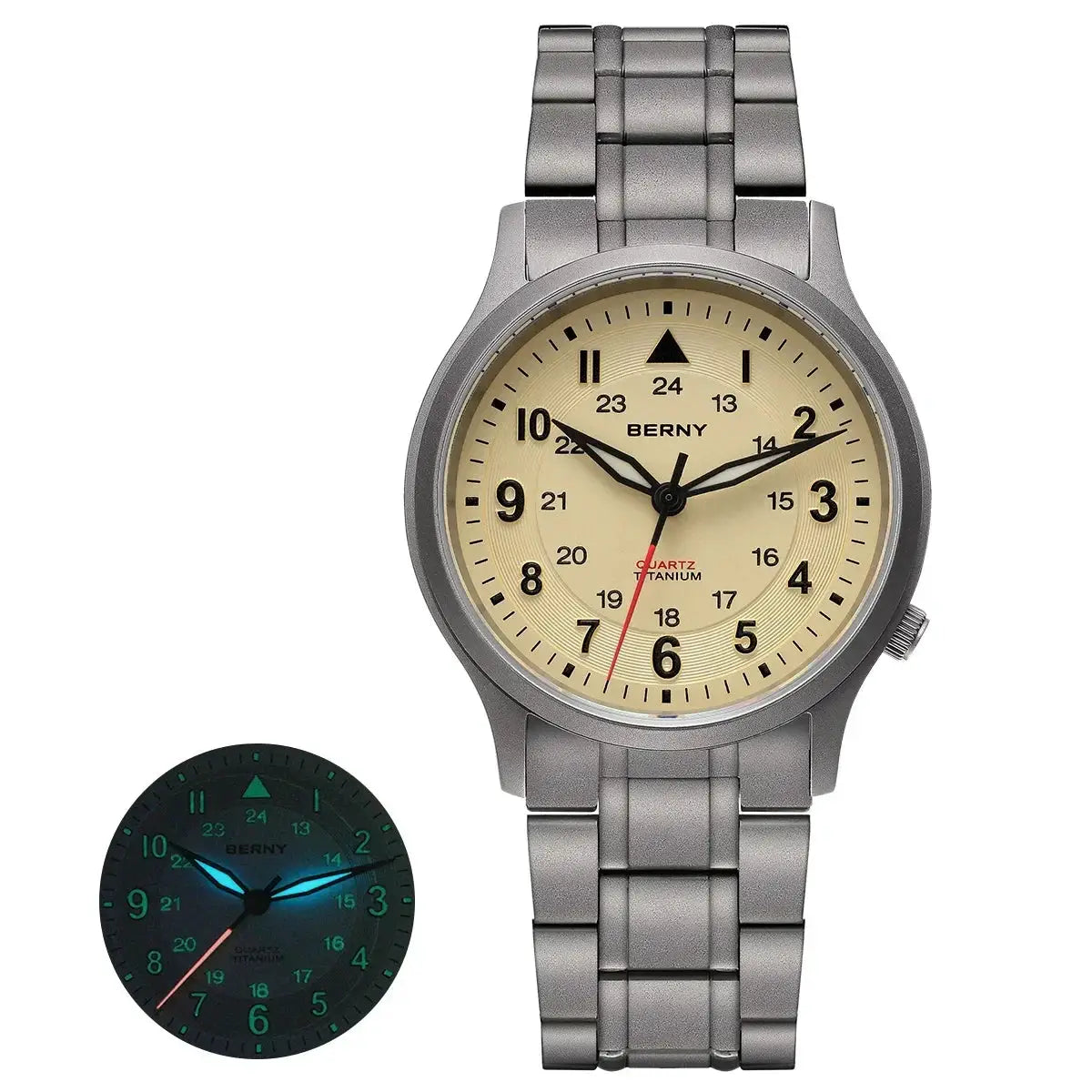 BERNY full titanium men's field watch with beige dial and metal bracelet; glow-in-the-dark inset shown (2 watches)