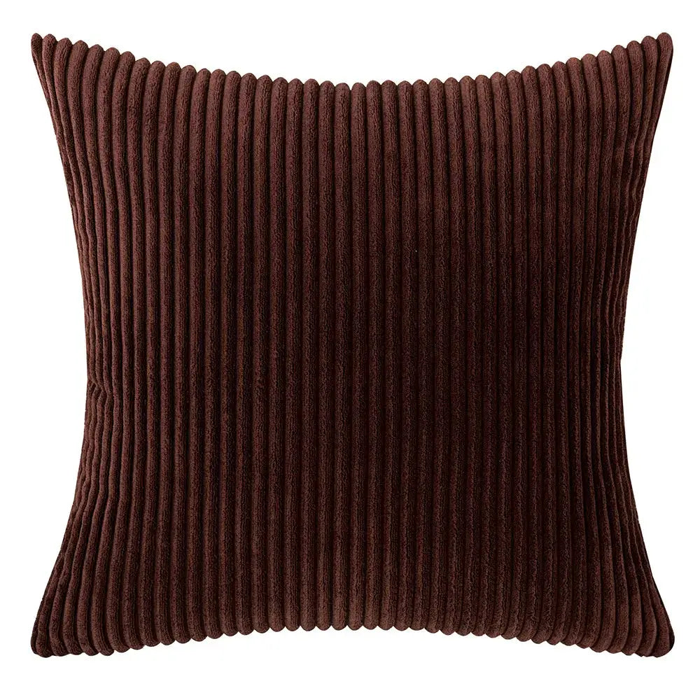 Pillow cover: dark brown corduroy with vertical ribbed stripes for couch or bed.