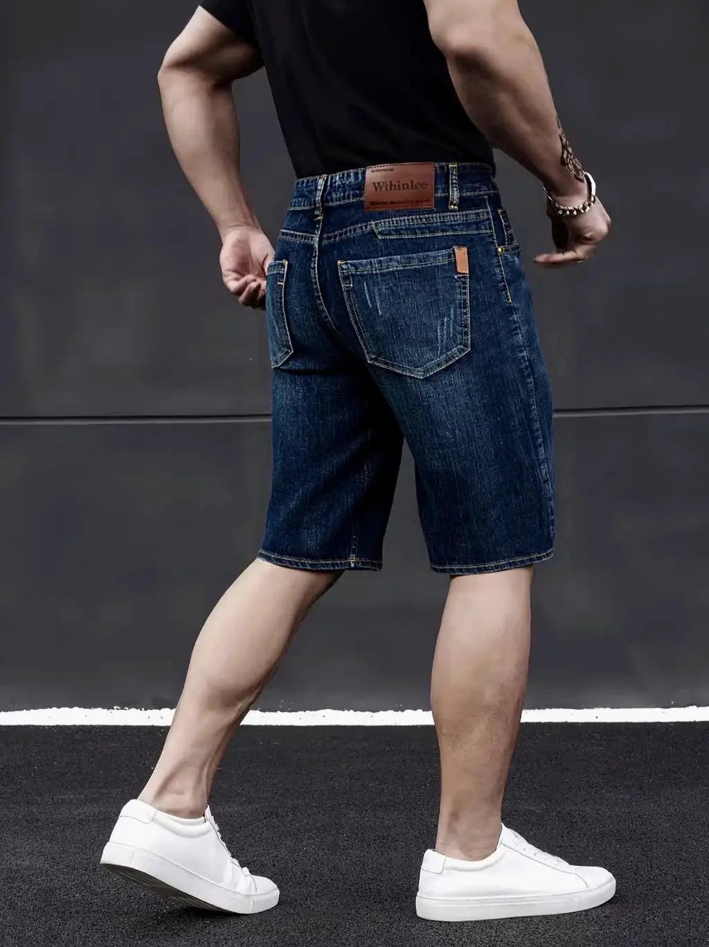 Wthinlee men's blue denim shorts with back pockets, knee-length, leather waistband patch