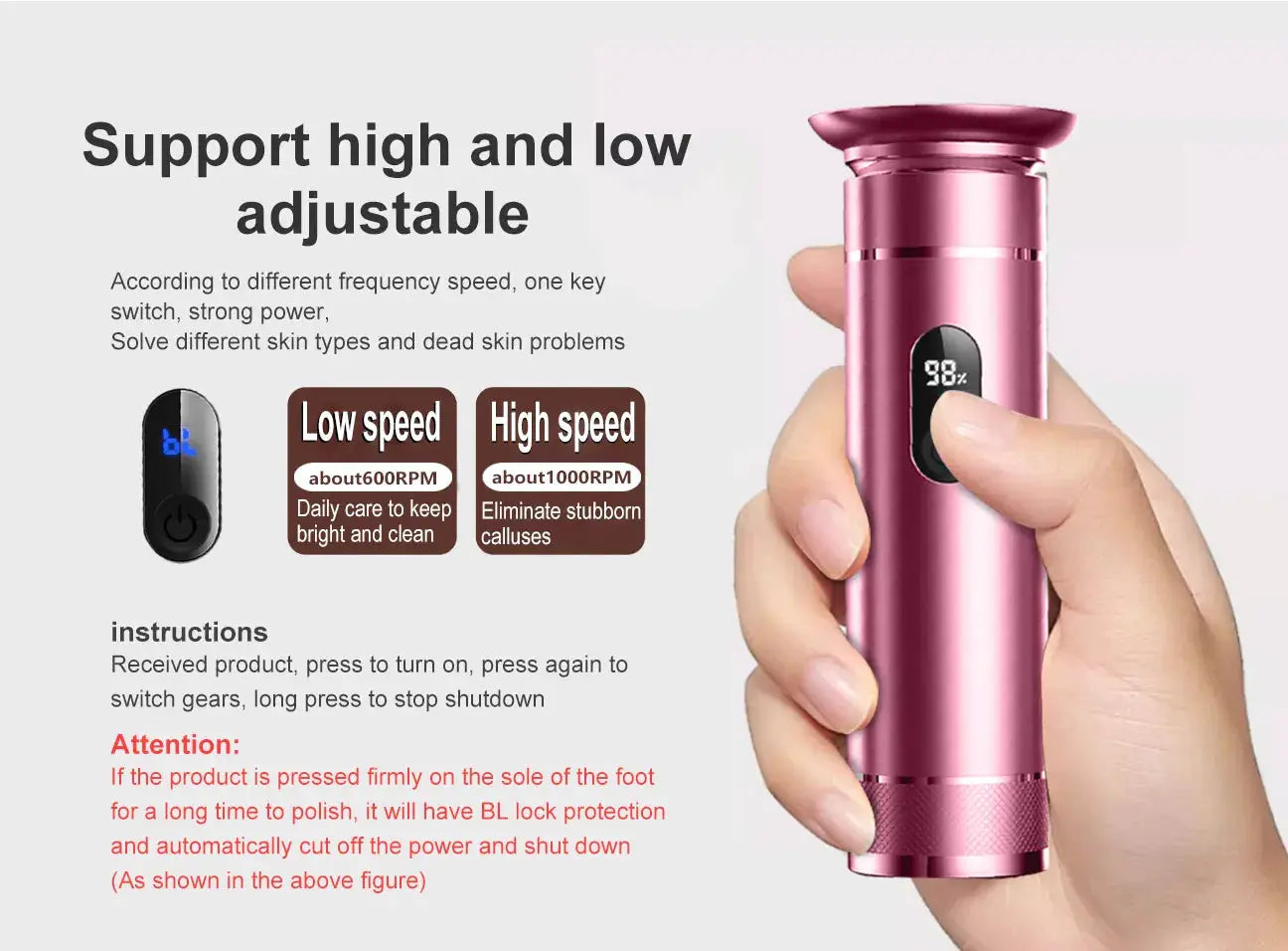 Electric foot grinder by Simples Market, pink aluminum alloy, dual power Type-C/battery pedicure tool.