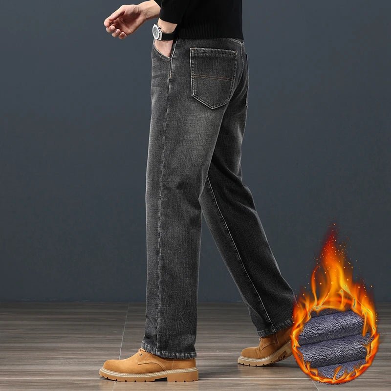 Winter Fleece Men Jeans Loose Straight Fit Warm Denim Pants 42 44