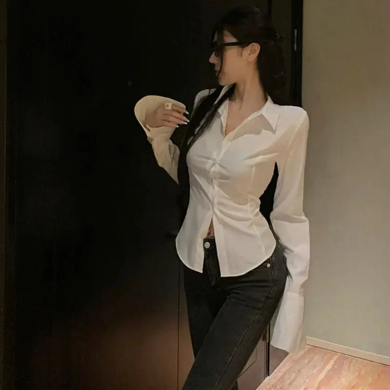 Gidyq fashion women's white bandage blouse with fitted waist and bell sleeves