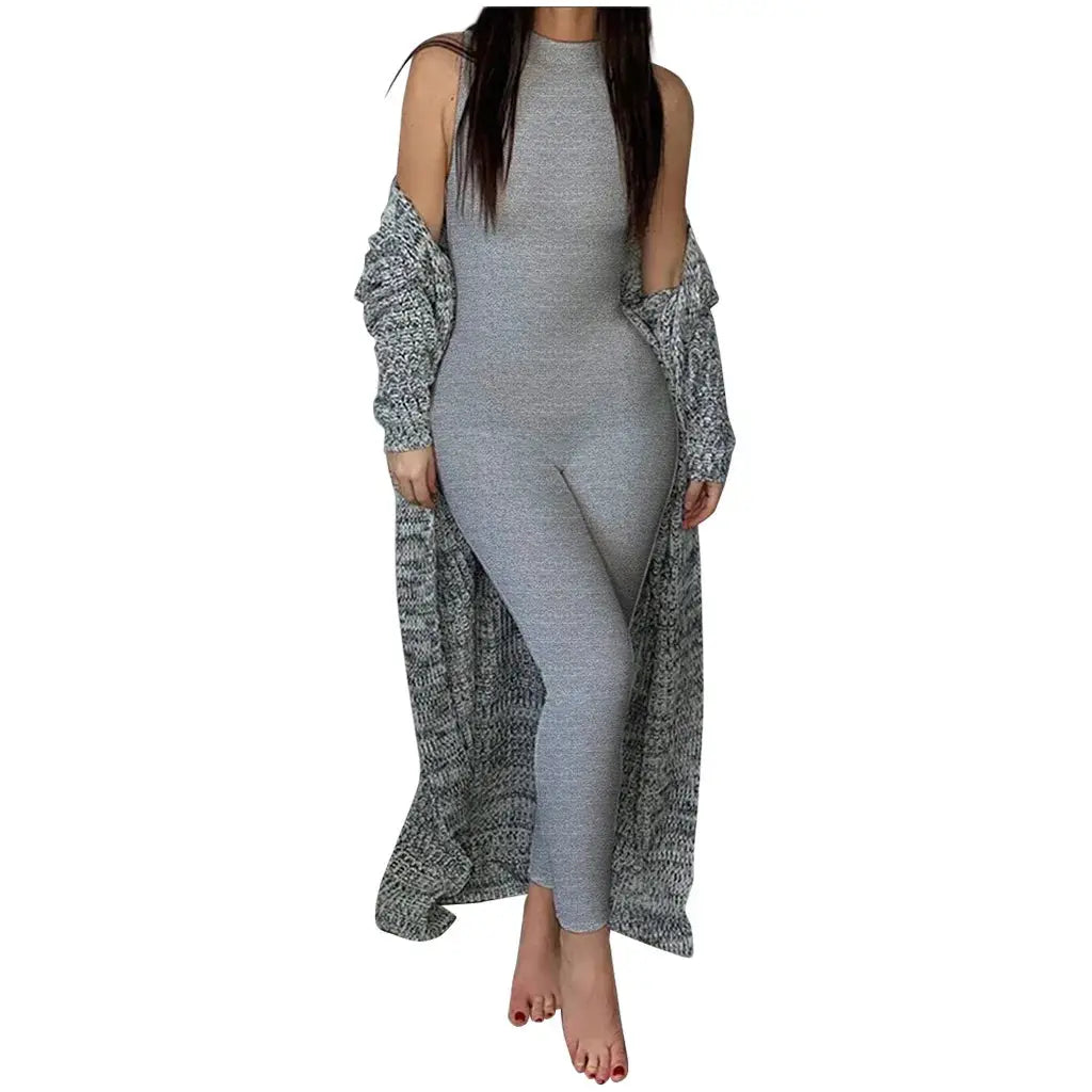 Jumpsuit for women, grey sleeveless, slim-fit all-in-one activewear for casual wear and workouts.