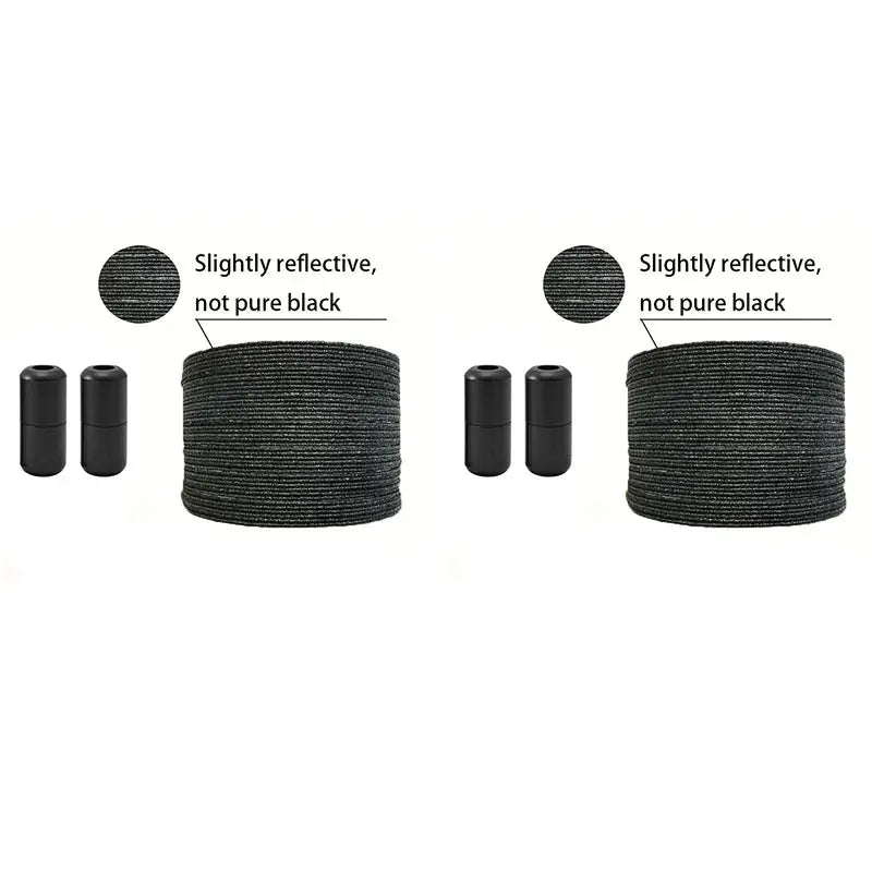 No-tie elastic shoelaces, two sets of black laces with end caps, slightly reflective