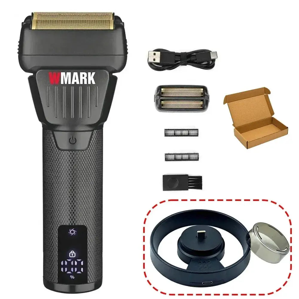 WMARK NG-7982 professional men's trimmer with 9000RPM LCD display, titanium plating and double blade, plus charging dock