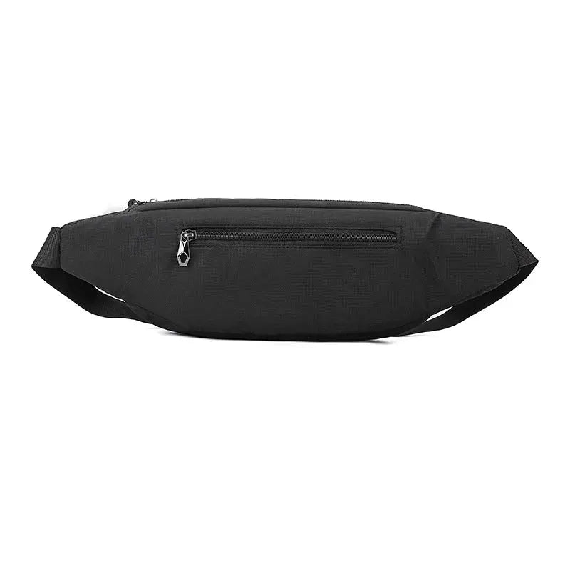 Black nylon waist bag with front zip pocket and adjustable strap