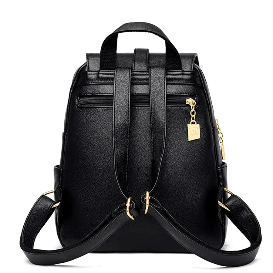 Simples Market luxury black leather backpack for women, vintage daypack with gold hardware.
