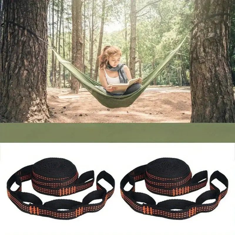 2-pack hammock straps by Simples Market, reinforced polyester, black with orange stitching, 5-ring high-load straps.