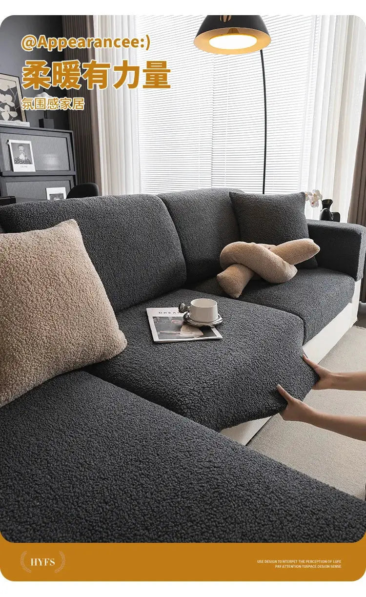 Sofa cover: 2026 Premium Winter Teddy Fleece, dark gray, non-slip elastic couch protector