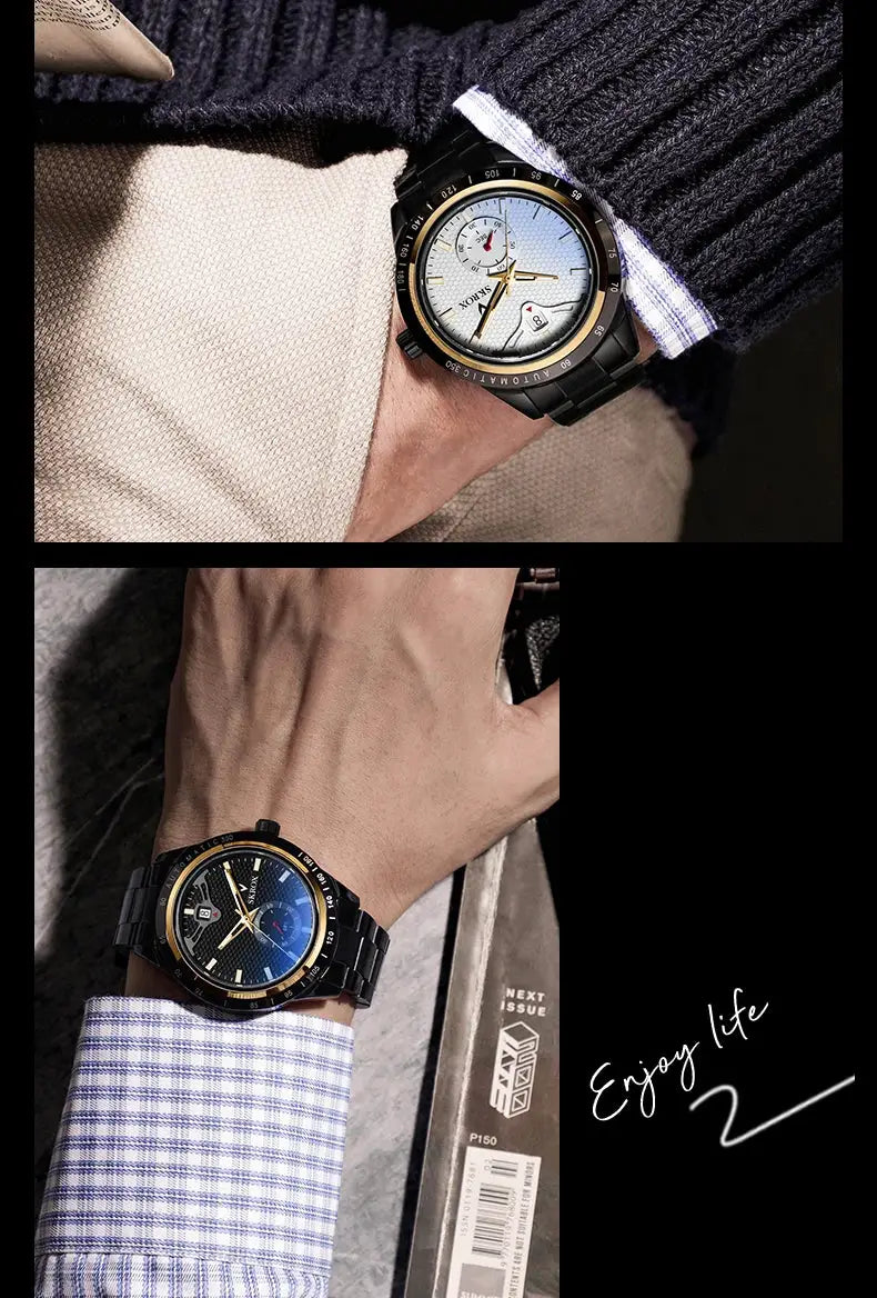 SKROX luxury sapphire stainless steel automatic men's wrist watch; black-gold bezel, white and blue dials (2 watches)