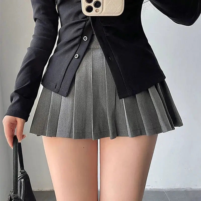 Pleated skirt with shorts, gray mini high-waist A-line for women