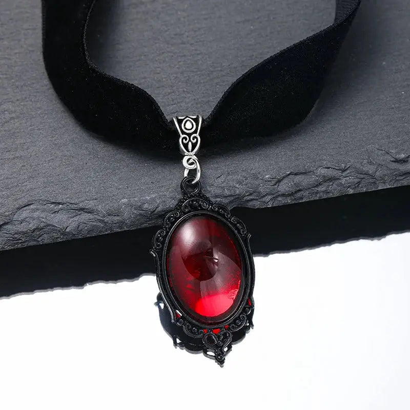 Gothic Witch Blood Red Pendant Choker Necklace For Women Vintage Black Velvet Jewelry Accessory