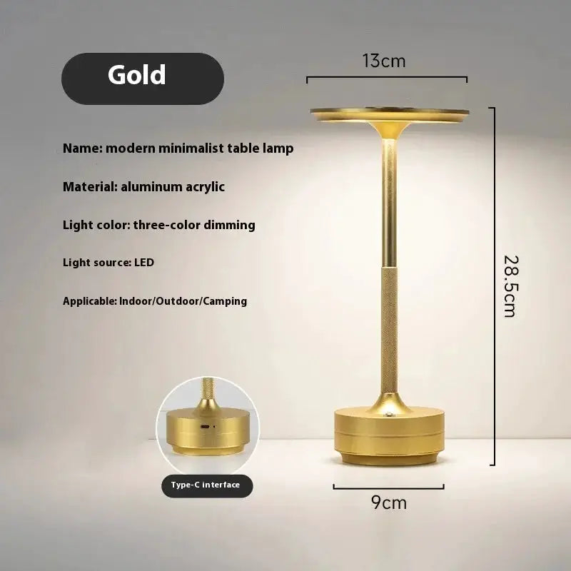 Wireless simple decorative table lamp, gold aluminum acrylic, infinitely dimmable rechargeable touch LED Simples Market