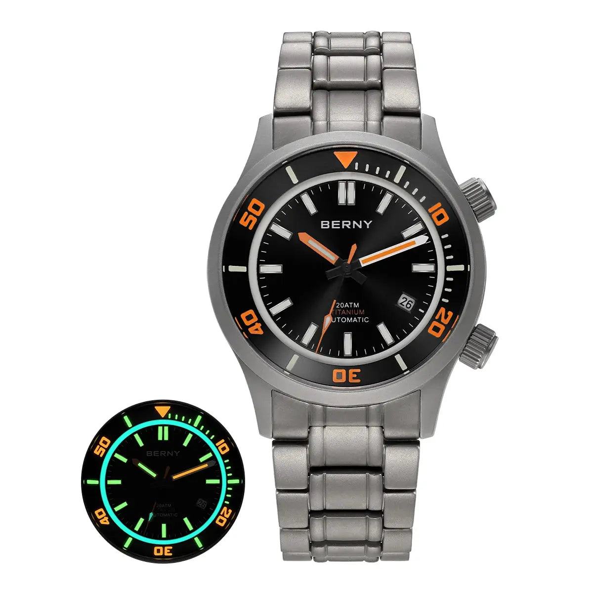 BERNY 20ATM titanium automatic diver watch for men with black dial and orange bezel numbers on stainless steel bracelet