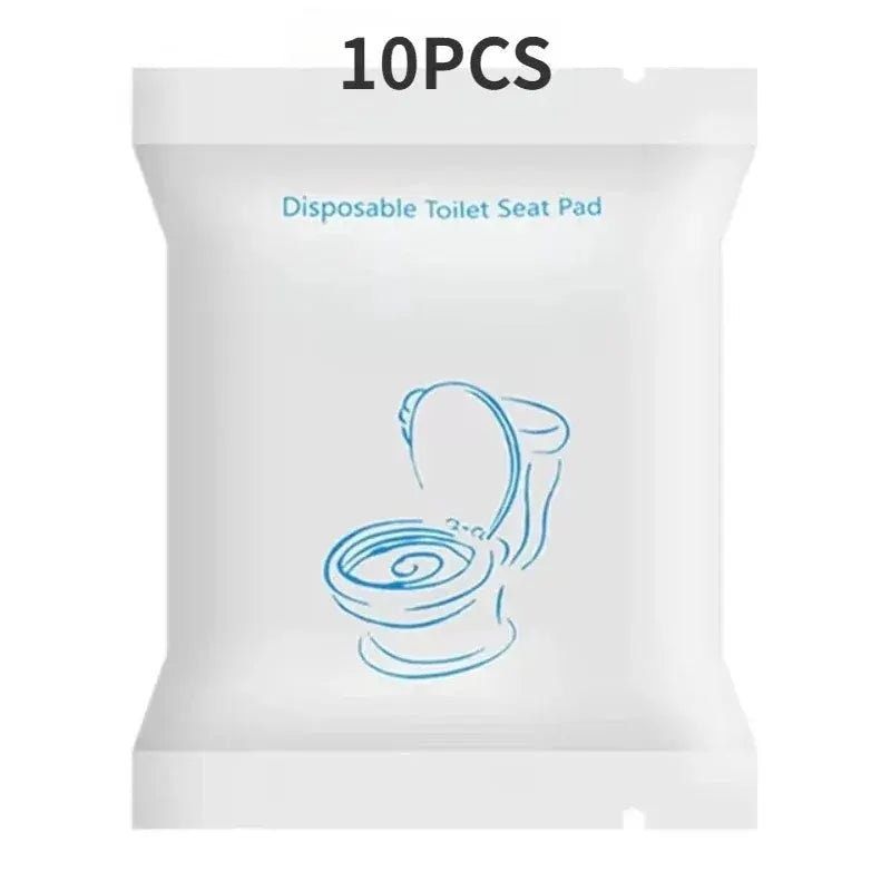 Portable disposable toilet seat pad, white packaging with blue toilet illustration, 10PCS