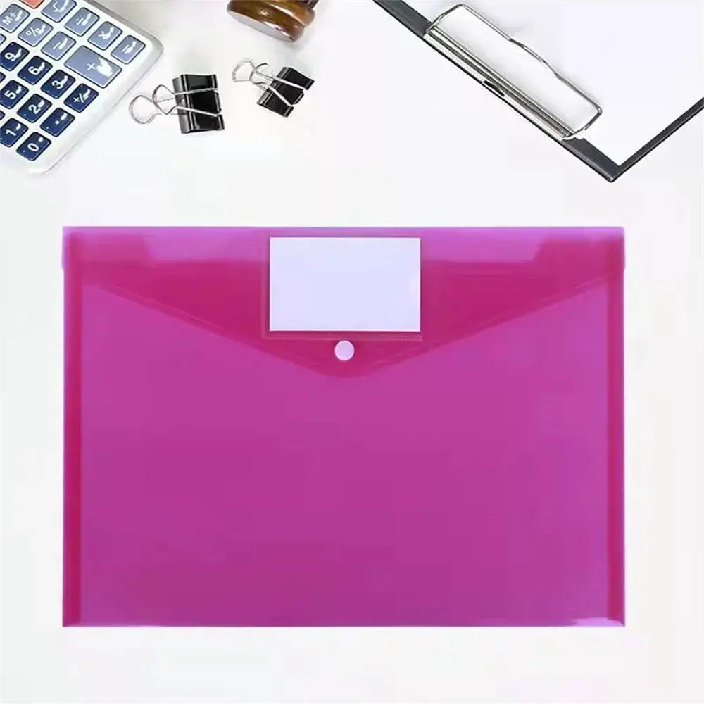 Pink transparent A4 waterproof large-capacity file folder with white label area and snap closure.