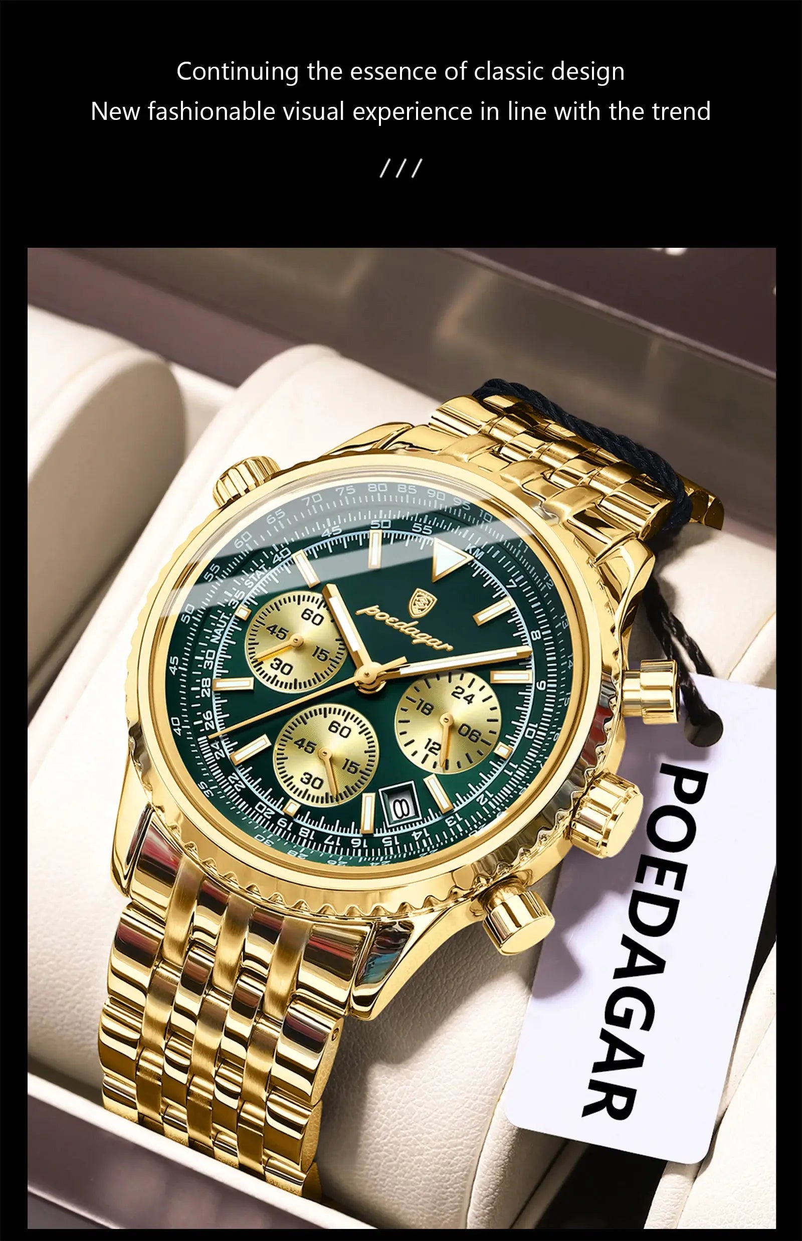 POEDAGAR gold-tone stainless steel men's chronograph watch with green dial, date window, waterproof.