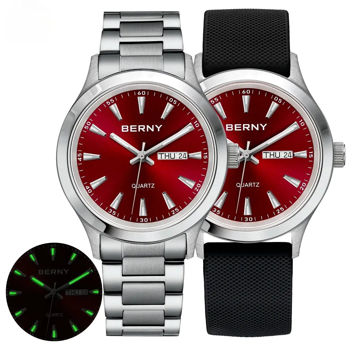 BERNY men's quartz watches pair; stainless steel bracelet and black silicone strap, red dial, luminous hands, day/date