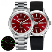 BERNY men's quartz watches pair; stainless steel bracelet and black silicone strap, red dial, luminous hands, day/date
