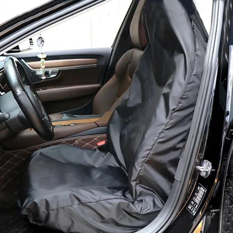 Universal car seat protector cover in black Oxford fabric; dust- and oil-proof for front seats, keeps upholstery clean
