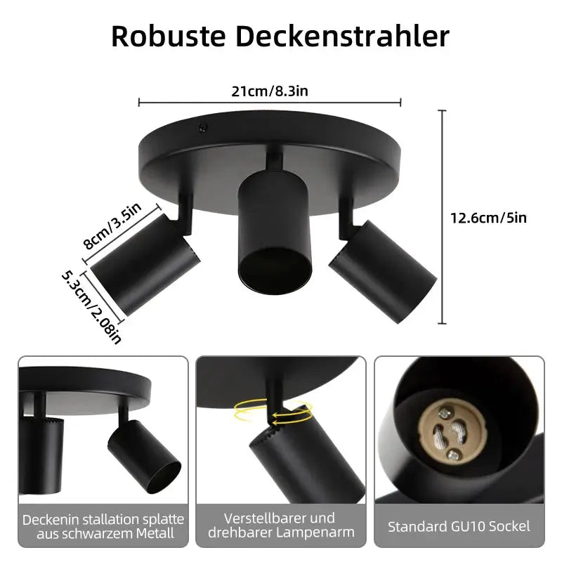 Modern GU10 LED ceiling spotlight by Simples Market with three adjustable black metal heads.
