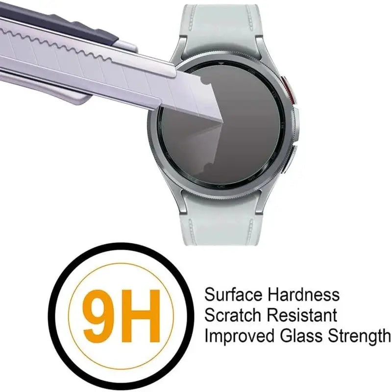 Glass protective film for Samsung Galaxy Watch series (40-47mm); 9H hardness, scratch resistant.