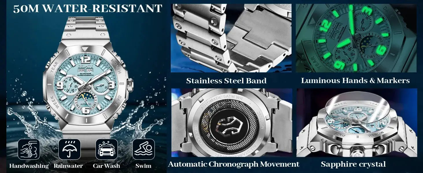 GELATU men's diving watch with stainless steel band, 50m water resistance, luminous hands, moon phase, sapphire crystal