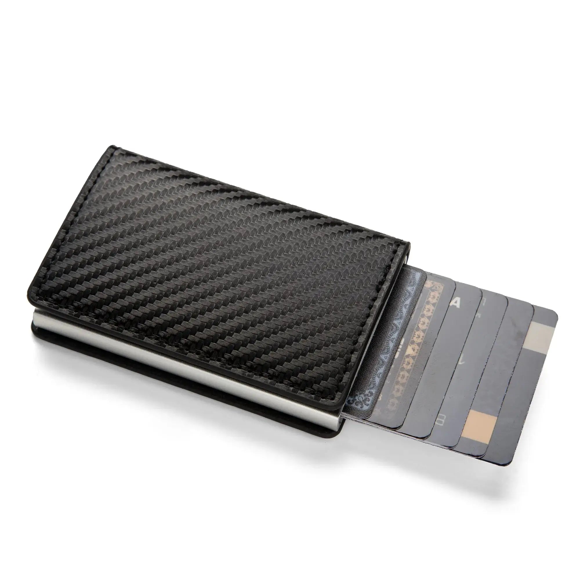 Simples Market RFID cardholder wallet in black PU leather; slim minimalist card holder with 6 visible cards