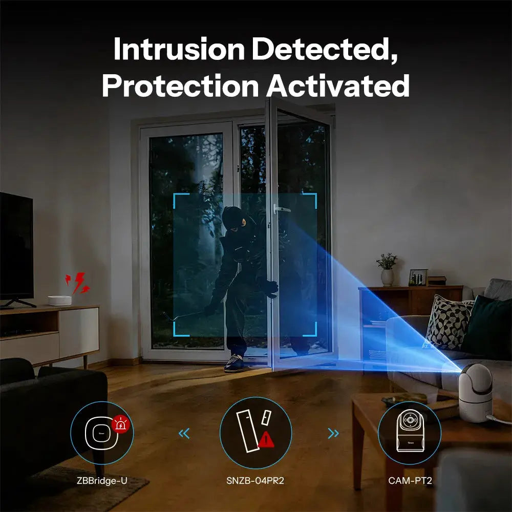 SONOFF SNZB-04PR2 SenseGuard Zigbee door/window sensor with tamper alerts; Simples Market smart security trio