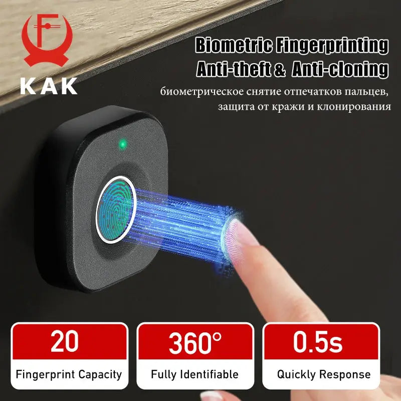 KAK biometric fingerprint cabinet lock, black keyless drawer lock for anti-theft protection