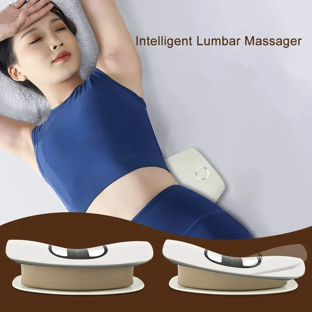 Adjustable lumbar traction massager with vibration; blue-clad model shown with two white-beige massage units.