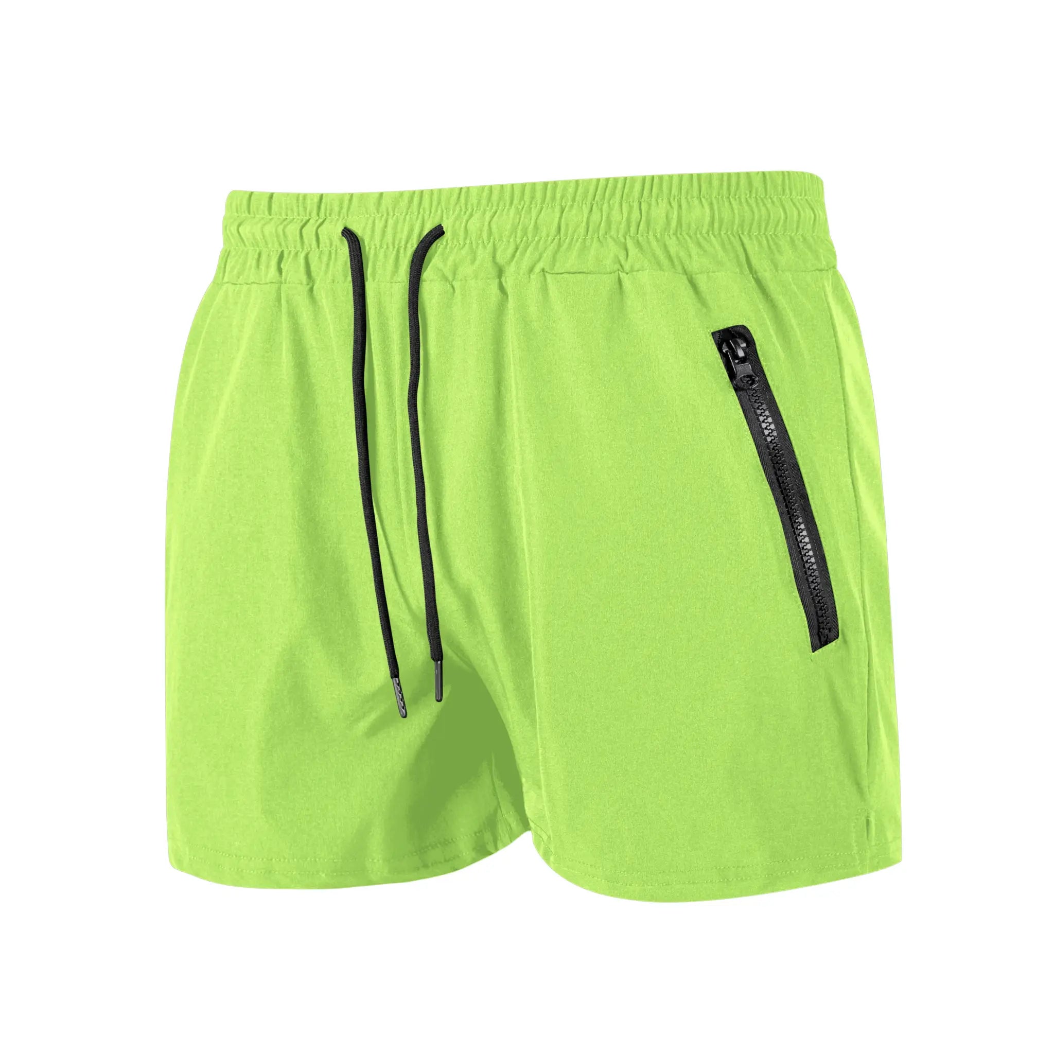 Men's neon green swim shorts with black drawstrings and a zip pocket