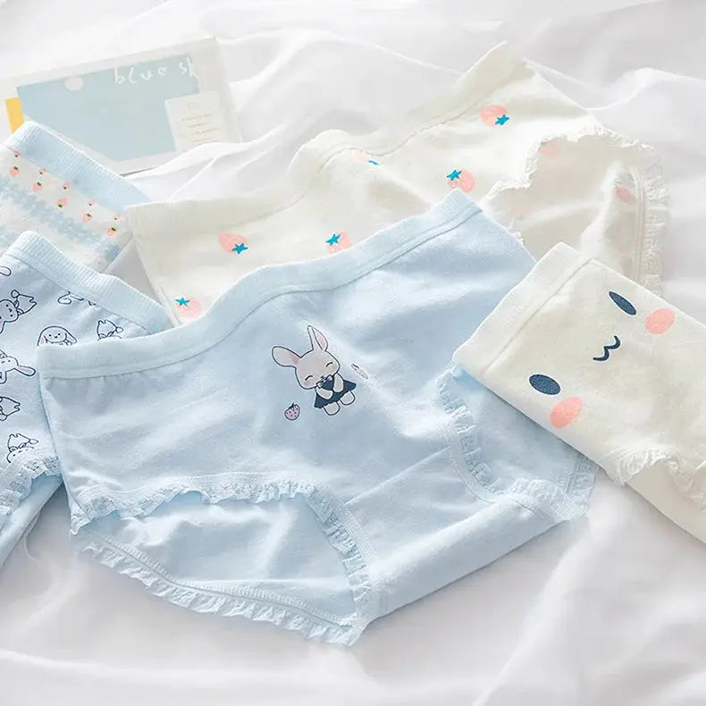 M-XL cotton panties five-piece pastel set in blue, white and lilac with bunny print, lace trim and comfy fit.