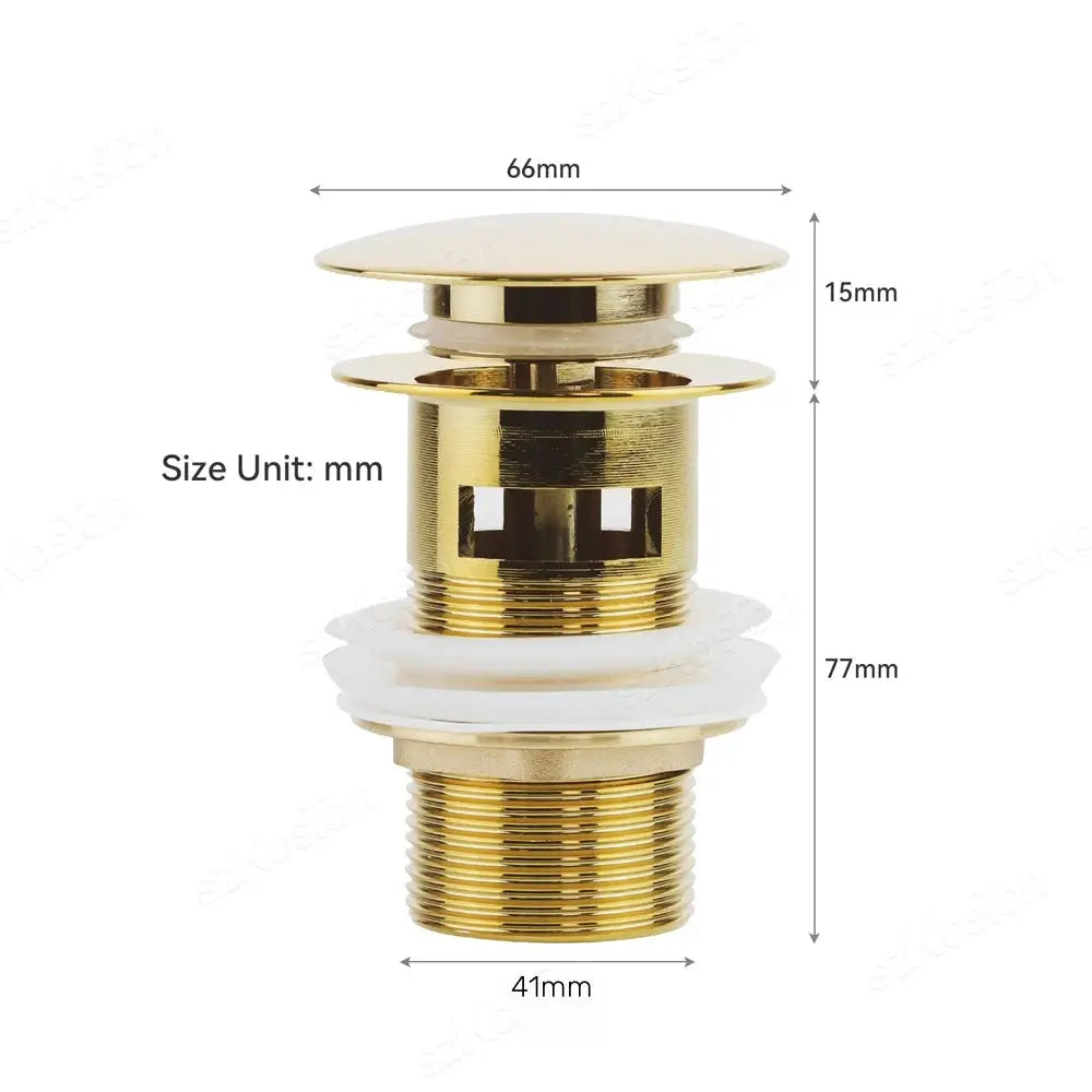 Gold-tone pop-up drain button for bathroom sink, brass finish, Simples Market.