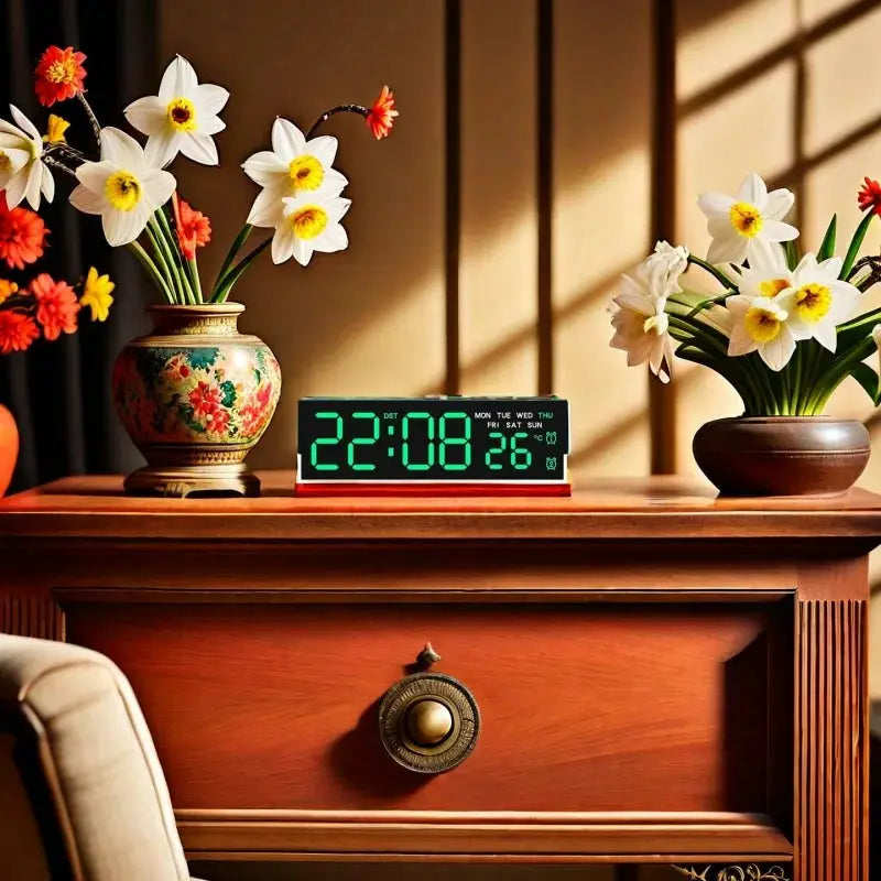 USB powered digital alarm clock with white mood light, green LED display, and 3 brightness levels
