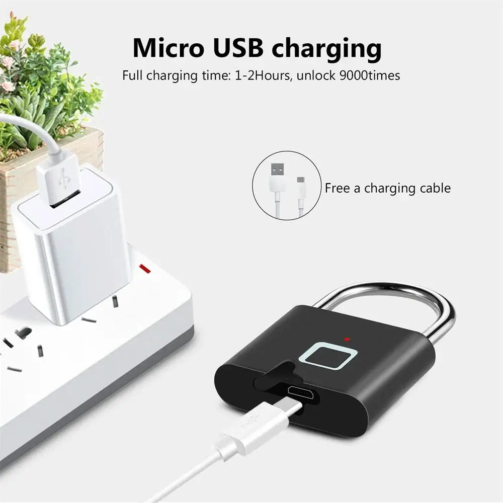 Black USB charging smart padlock with a silver U-shaped shackle; charging cable included
