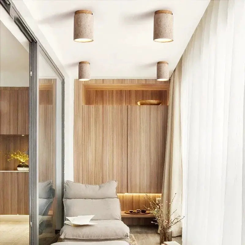 Japanese Style LED Ceiling Lamps, cylindrical stone-wood fixtures, set of 4 in living room.