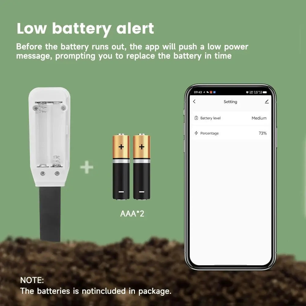 Tuya Bluetooth soil tester with temperature and humidity sensor, white unit, 2x AAA batteries, and smartphone app screen