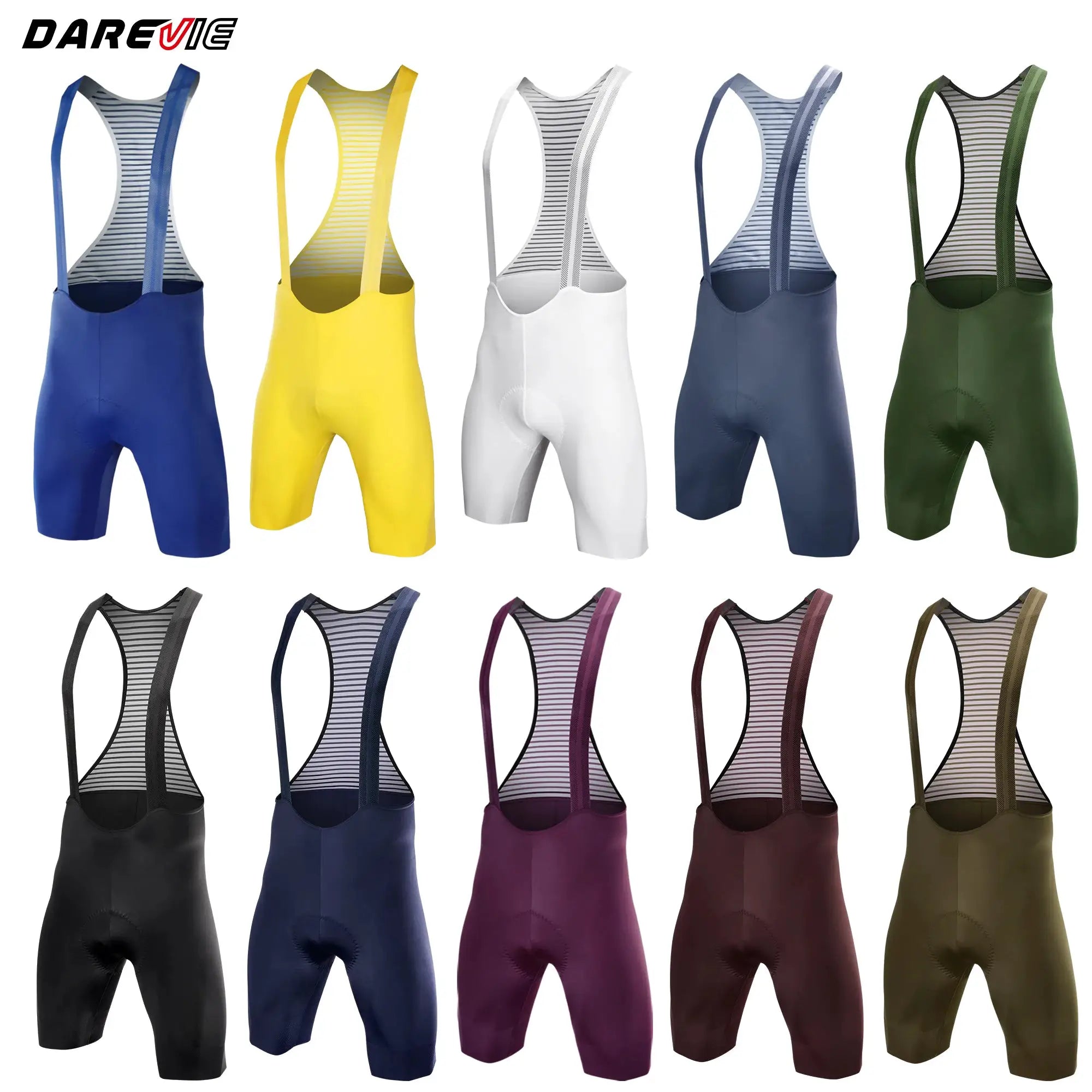 DAREVIE men's cycling bib shorts set in multiple colors with striped mesh bibs and solid lower panels, Simples Market
