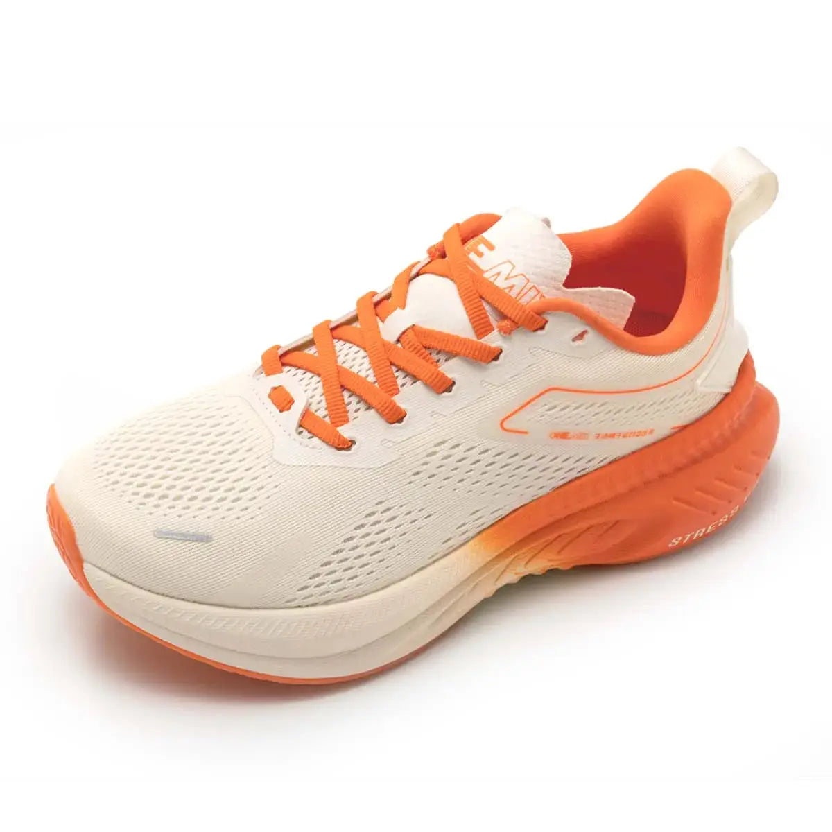 ONEMIX unisex breathable mesh running shoes, white with orange accents, padded collar, and cushioned orange midsole.
