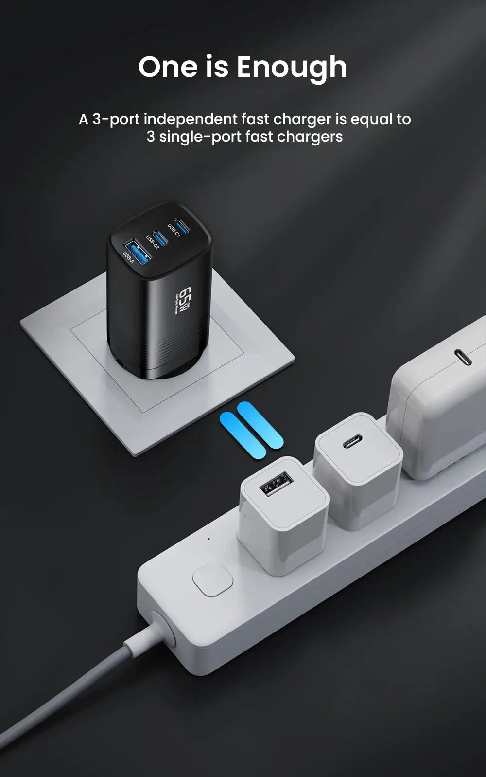 Simples Market black ASOMETECH GaN USB-C fast charger, 65W, three-port with two USB-C and one USB-A