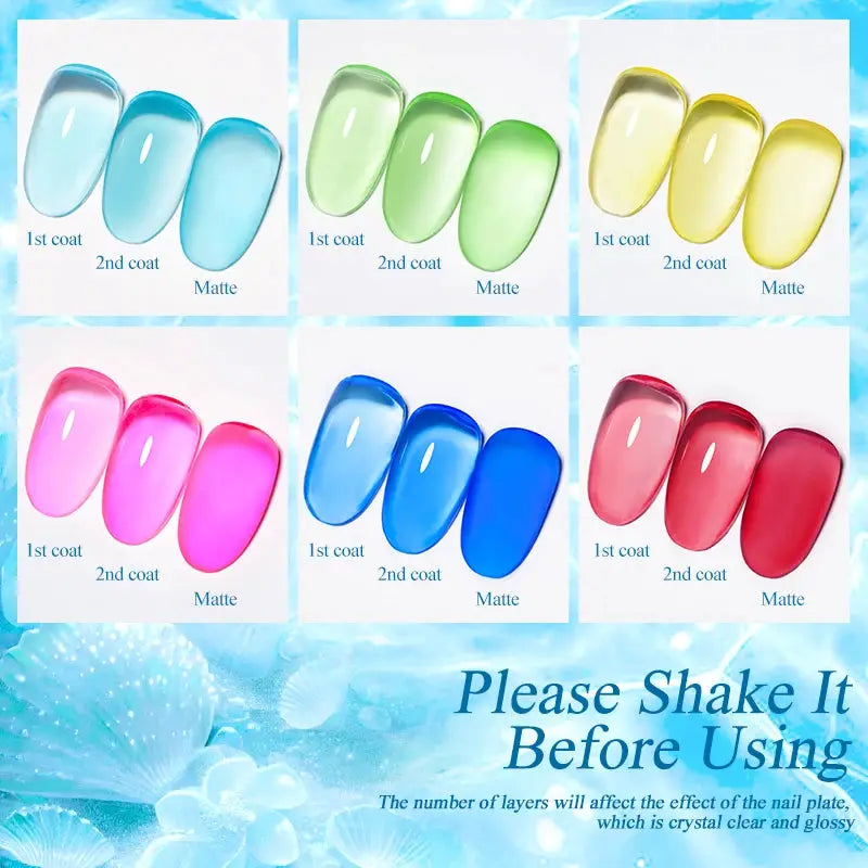 MTSSII 6pc Jelly Glass Gel Nail Polish Set by Simples Market; six colorful transparent soak-off UV gels