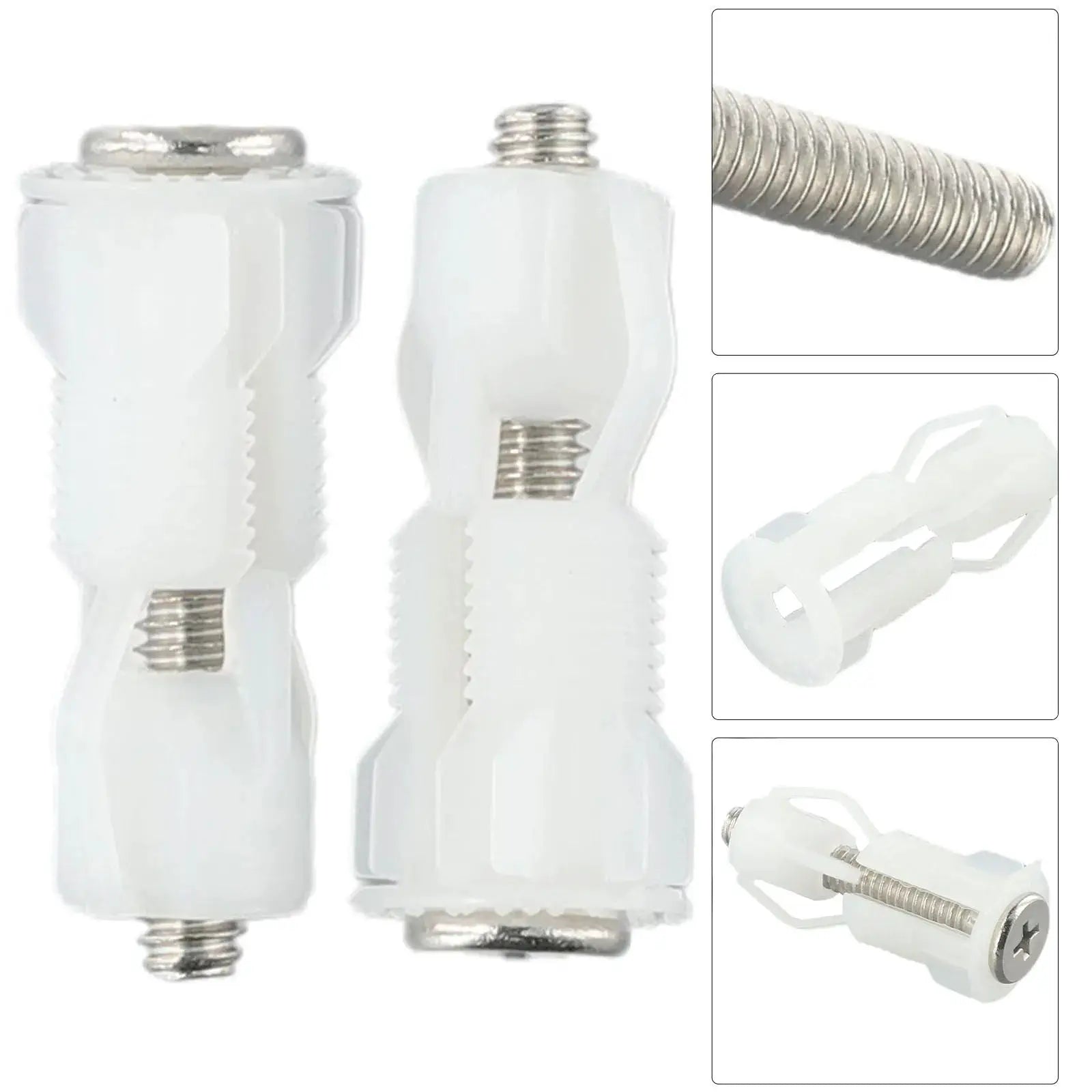 2pcs toilet seat fixing kit with white plastic screws, metal threaded bolts and nut covers