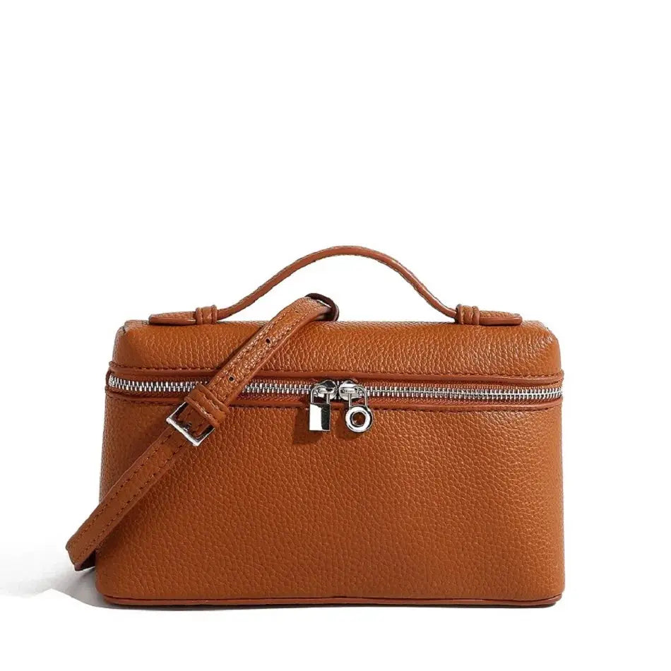 Lychee-grain mini lunch-box shoulder bag with top handle and detachable crossbody strap in tan brown leather