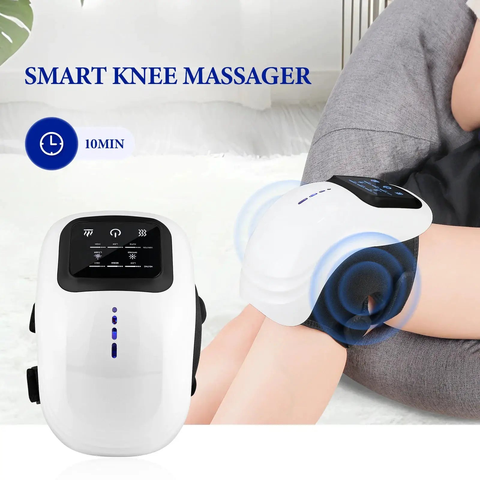 foreverlily Smart Knee Massager by Simples Market; two-piece white knee massager and base unit with touchscreen control.