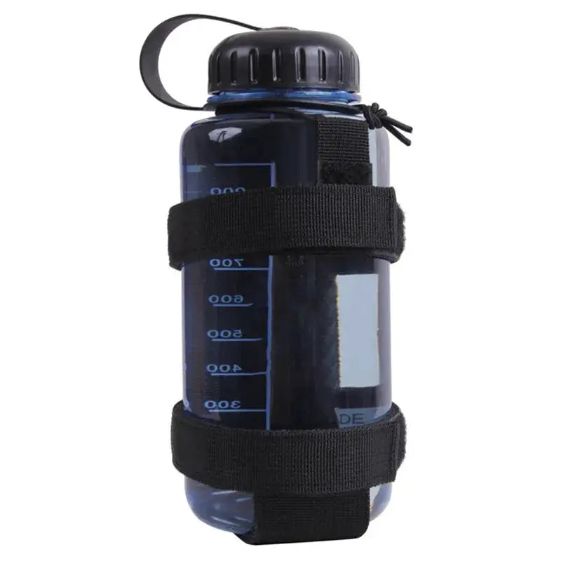 Molle water bottle pouch with adjustable black straps and carry loop, blue bottle inside