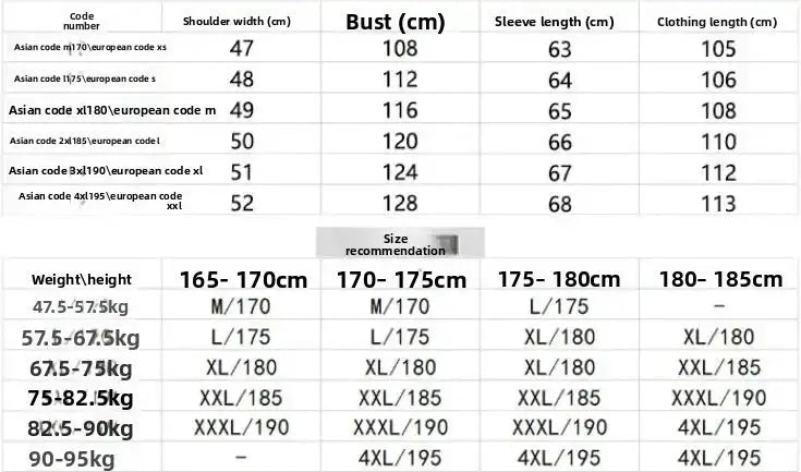 Men's X-long wool overcoats size chart with bust, shoulder, sleeve and length measurements.