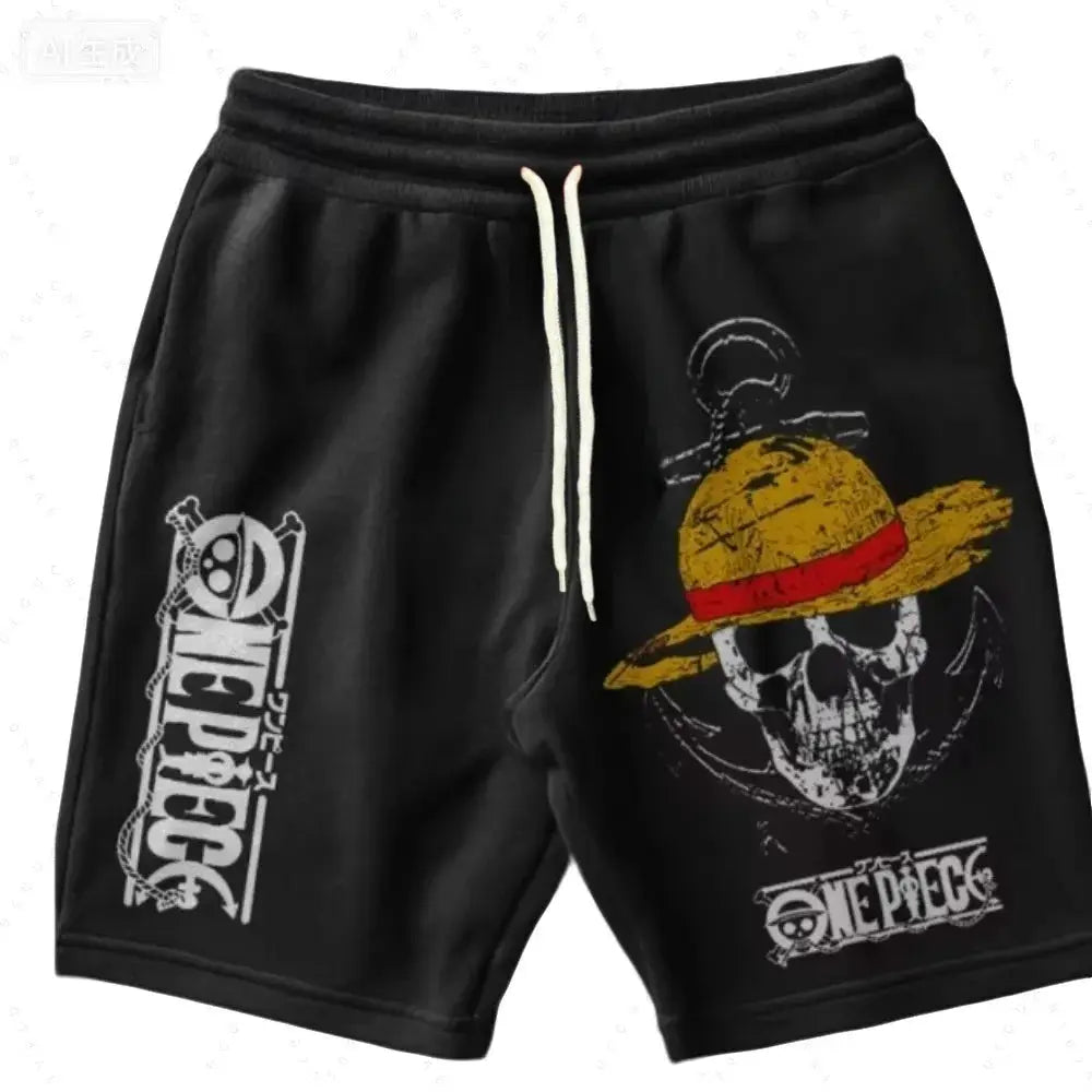 Men's black One Piece printed shorts with skull and straw hat design, white drawstring
